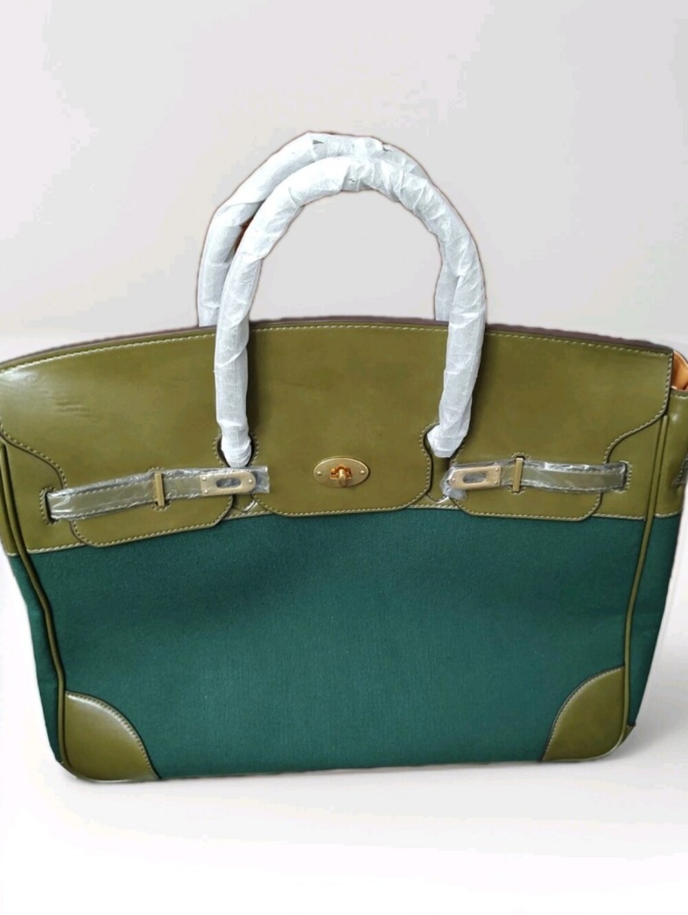 2 Tone Jewel Green Canvas Olive Leather Tote/X-Body Gold Tone Trim&Feet Spacious